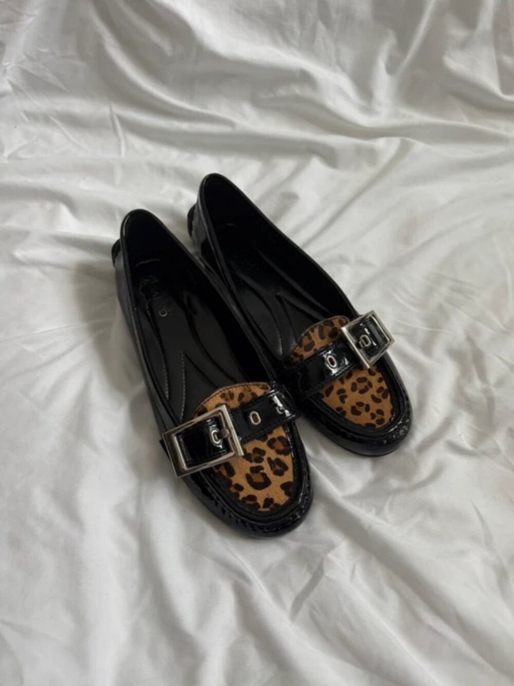 Y2K Cheetah Print Franco Sarto Black Loafers with Buckle Detail